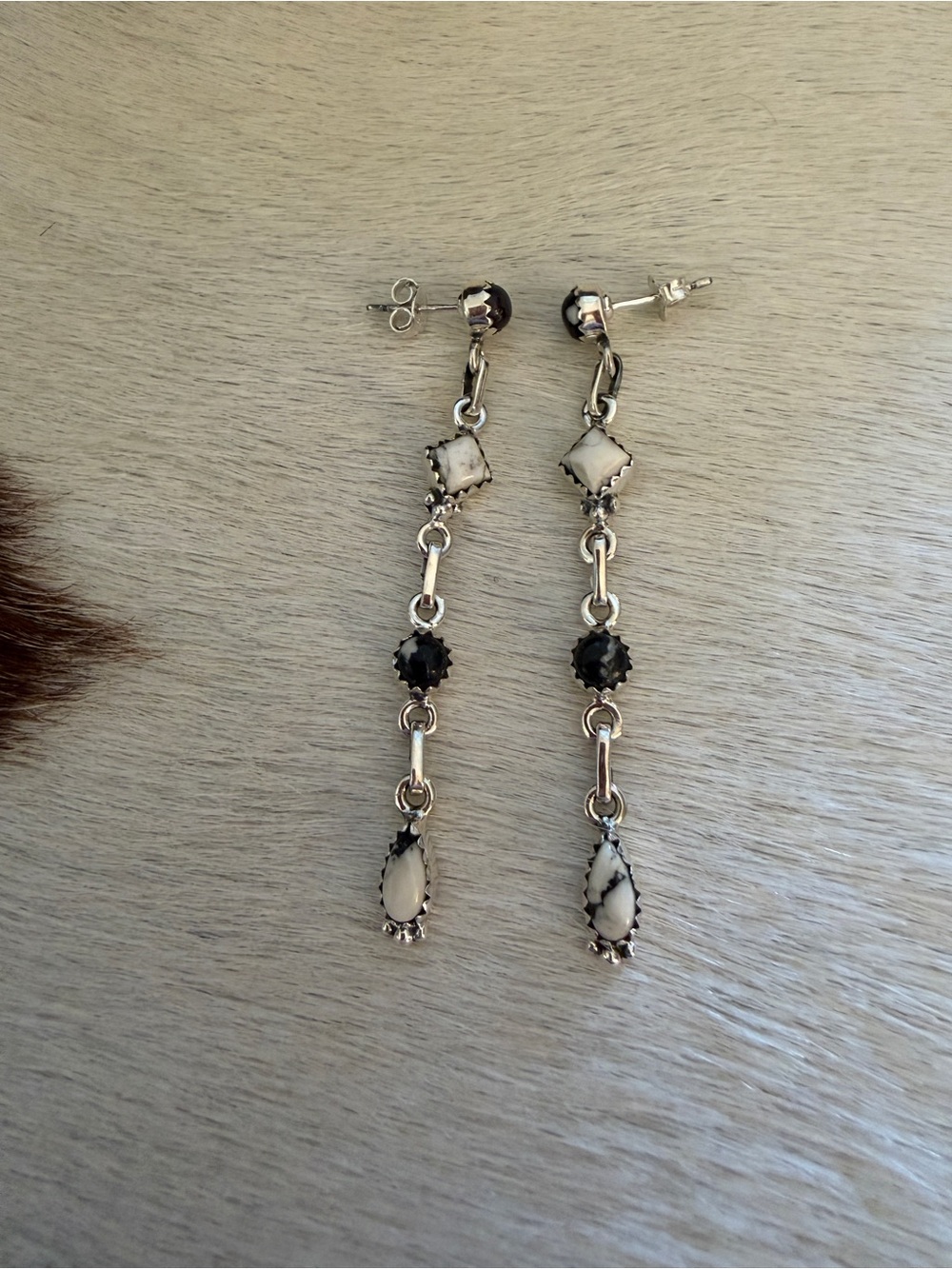 ❤️ White Buffalo Statement Stud Dangle Earrings Sterling 925 Navajo Style 2.59”L - Picture 4 of 14